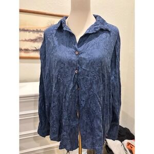 Navy Blue Floral Jacquard Button Down Blouse Long Sleeve silky Vintage Style Top